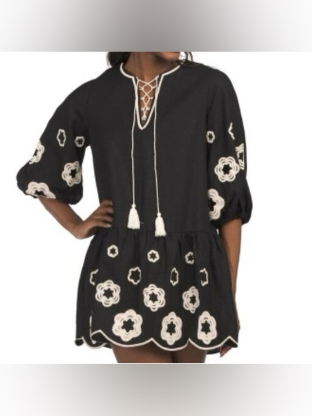 Camila Coelho NWT Women Dress Linen Blend Embroidered Size M Black Flowy Lace Up